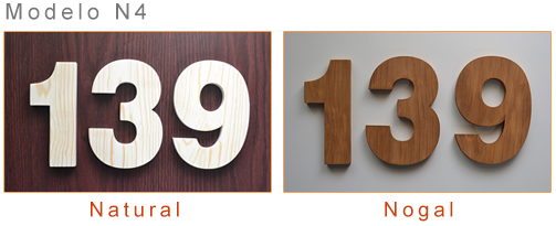 Numeros de madera en color Natural y Nogal en madera de pino americano Modelo N4